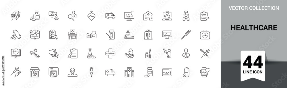 Healthcare icons set. Modern icon for Medicine and medical. Vector illustration in thin line style. Icon related to Health, Pharmacy, Trreatment, Doctor etc. Healthcare icons set. Modern icon for Medicine and medical. Vector illustration in thin line style. Icon related to Health, Pharmacy, Trreatment, Doctor etc.