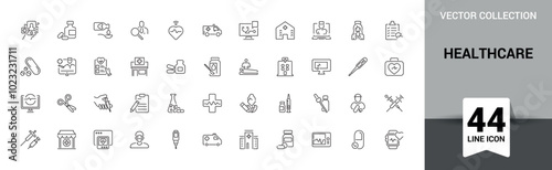 Healthcare icons set. Modern icon for Medicine and medical. Vector illustration in thin line style. Icon related to Health, Pharmacy, Trreatment, Doctor etc.