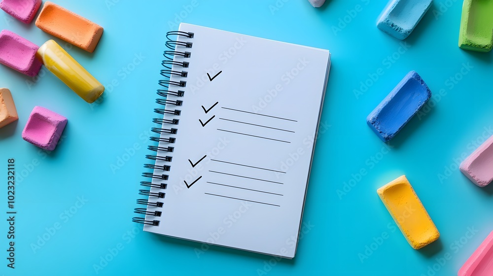 Minimalist to-do list on a spiral notebook against a light blue and white background, featuring checkmarks and colorful chalk, embodying organized simplicity and productivity in a flat lay composition Minimalist to-do list on a spiral notebook against a light blue and white background, featuring checkmarks and colorful chalk, embodying organized simplicity and productivity in a flat lay composition