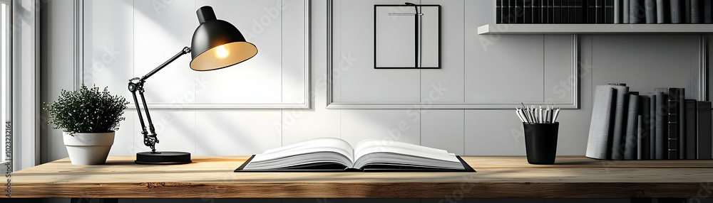 Stylish Desk Lamp and Open Notebook Vector Image Isolated on White Background - Perfect for Clean and Organized Workspace Theme in Photo Stock Concept Stylish Desk Lamp and Open Notebook Vector Image Isolated on White Background - Perfect for Clean and Organized Workspace Theme in Photo Stock Concept