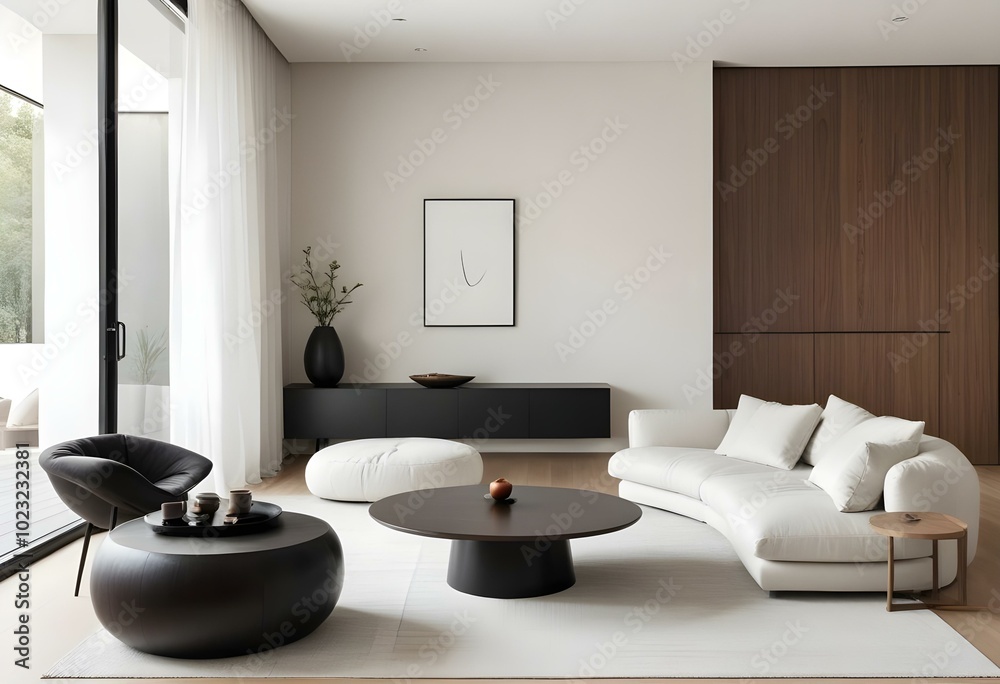 A modern and minimalist living room with a large white sofa, a round wooden coffee table, and a dark wooden cabinet in the background. A modern and minimalist living room with a large white sofa, a round wooden coffee table, and a dark wooden cabinet in the background.