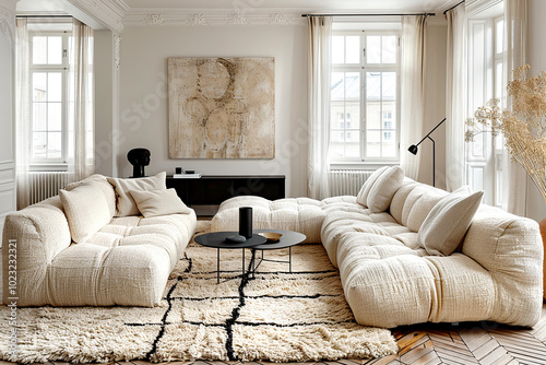 Minimalist interior design of modern living room with two beige sofas and shaggy rug.