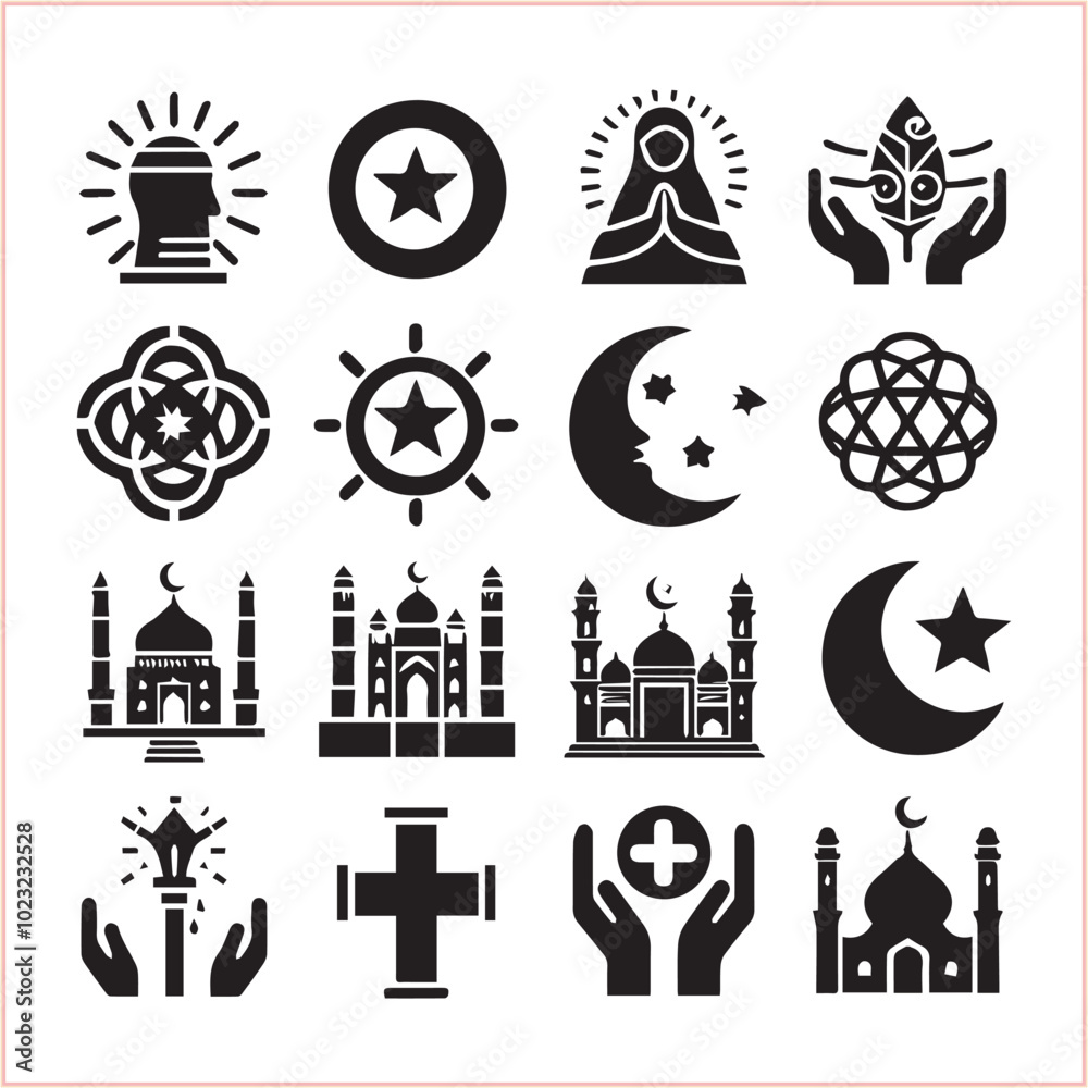 Religious symbols Set of miscellaneous religious Vector illustration icons on white background Religious symbols Set of miscellaneous religious Vector illustration icons on white background