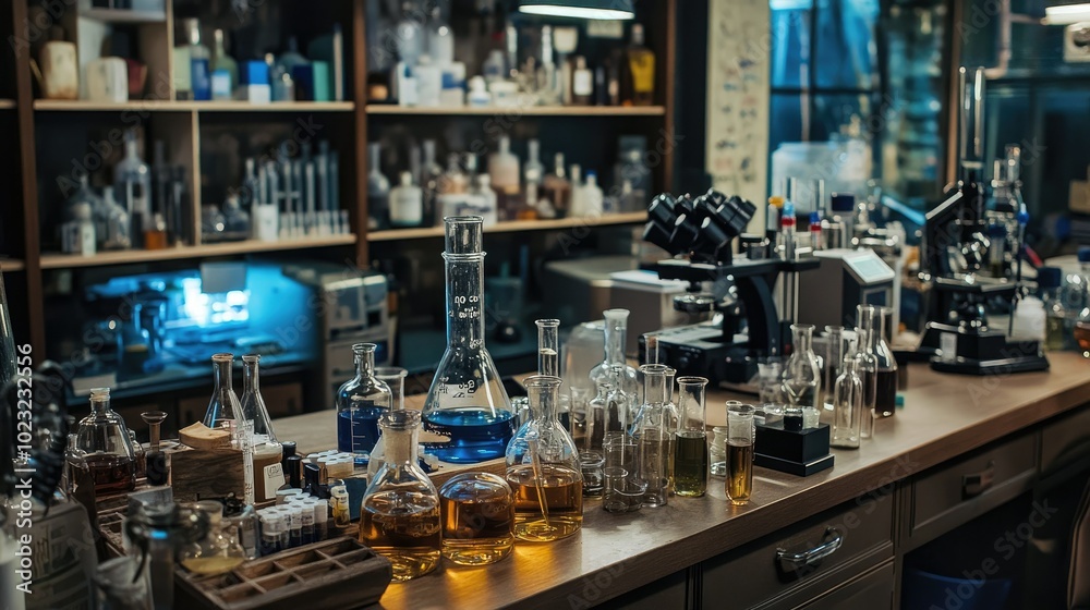 A busy laboratory workbench displaying scientific glass bottles, measuring cylinders, and droppers alongside microscopes and advanced lab equipment. A busy laboratory workbench displaying scientific glass bottles, measuring cylinders, and droppers alongside microscopes and advanced lab equipment.