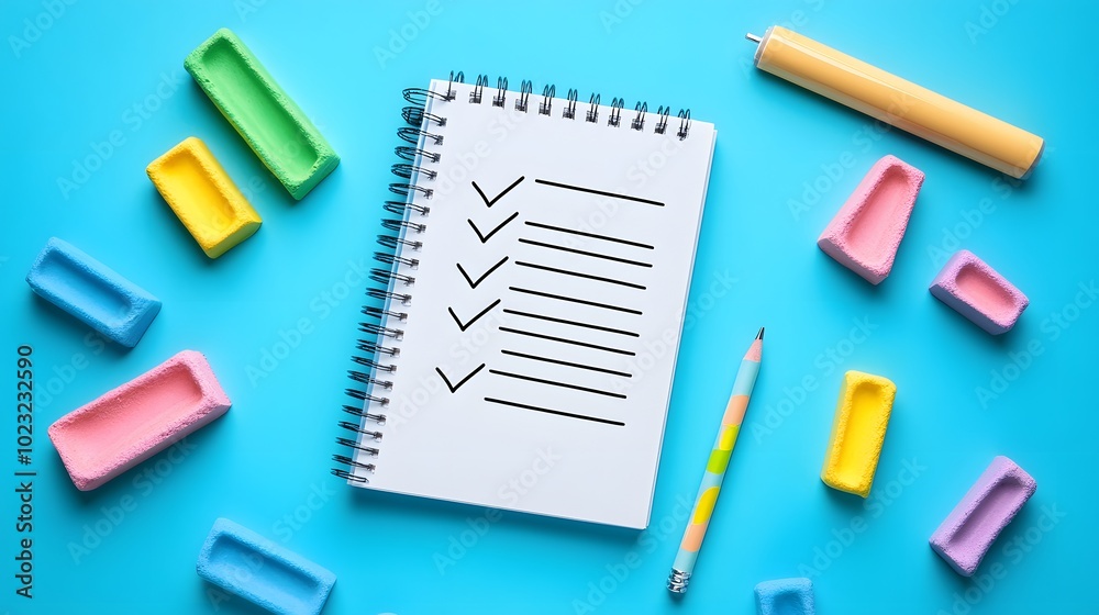 Minimalist to-do list on a spiral notebook against a light blue and white background, featuring checkmarks and colorful chalk, embodying organized simplicity and productivity in a flat lay composition Minimalist to-do list on a spiral notebook against a light blue and white background, featuring checkmarks and colorful chalk, embodying organized simplicity and productivity in a flat lay composition