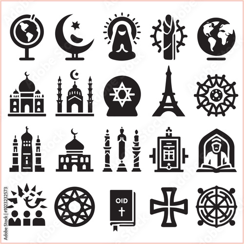 Religious symbols Set of miscellaneous religious Vector illustration icons on white background