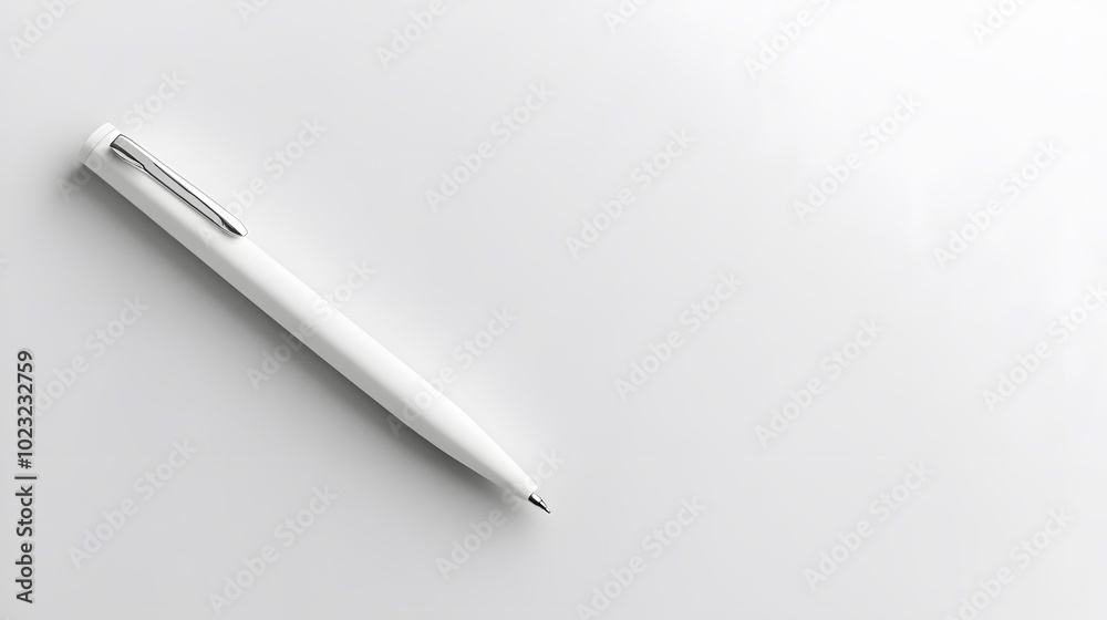 Minimalist white pen with a sleek design, positioned left-aligned on a light gray background, emphasizes clean aesthetics and high contrast in modern stationery product photography. Minimalist white pen with a sleek design, positioned left-aligned on a light gray background, emphasizes clean aesthetics and high contrast in modern stationery product photography.