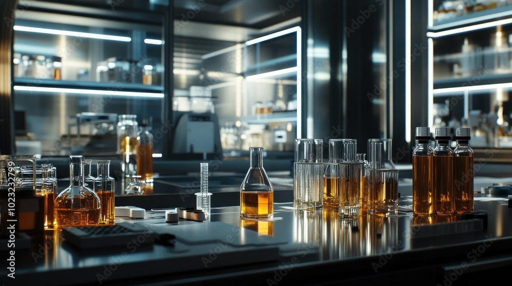 A modern lab room with precise measuring cylinders, glass bottles, and droppers spread out on sleek counters, reflecting a high-tech research environment. A modern lab room with precise measuring cylinders, glass bottles, and droppers spread out on sleek counters, reflecting a high-tech research environment.
