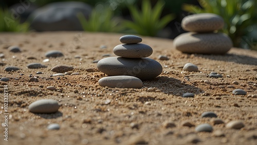 Peaceful Zen Garden with Raked Sand and Stones: A Minimalist Design for Calm and Balance photo