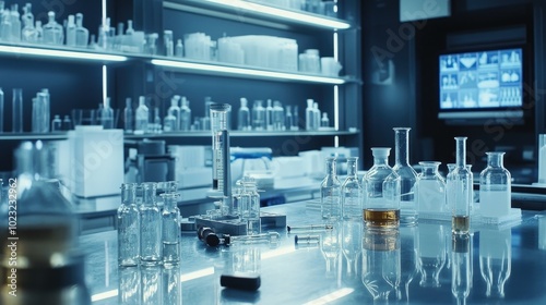 A modern scientific lab with glass bottles, measuring tools, and droppers scattered on a shiny countertop, with shelves filled with laboratory equipment behind.