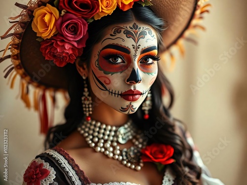 Portrait of mexican woman with sugar skull makeup. Halloween Calavera Catrina costume. Day of the dead. Dia de los muertos. Traditional Mexican carnival, Santa Muerte concept