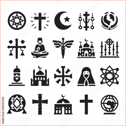 Religious symbols Set of miscellaneous religious Vector illustration icons on white background