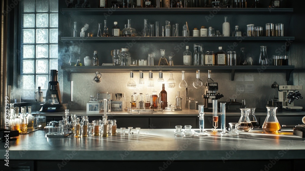 A well-lit laboratory with glass bottles, measuring cylinders, and droppers alongside microscopes and chemical apparatus on pristine counters. A well-lit laboratory with glass bottles, measuring cylinders, and droppers alongside microscopes and chemical apparatus on pristine counters.
