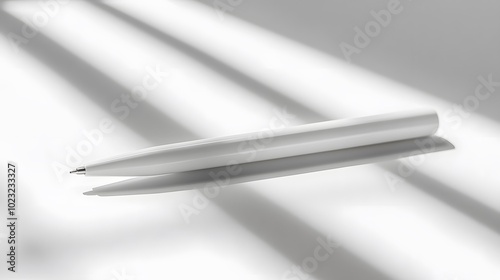 Minimalist white pen with a sleek design, positioned left-aligned on a light gray background, emphasizes clean aesthetics and high contrast in modern stationery product photography.