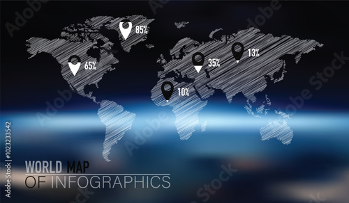 An infographic map of the world with percentage markers on the background of a blurred planet Earth.