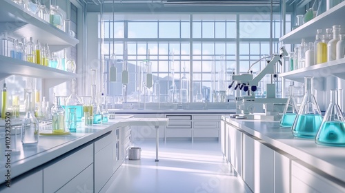 Bright laboratory with glass bottles  cylinders  and droppers  neatly arranged among other scientific tools on a spacious  shiny white counter.