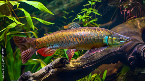 Vibrant Asian Arowana Fish in a Lush Aquarium. A Stunning Display of Color and Grace photo