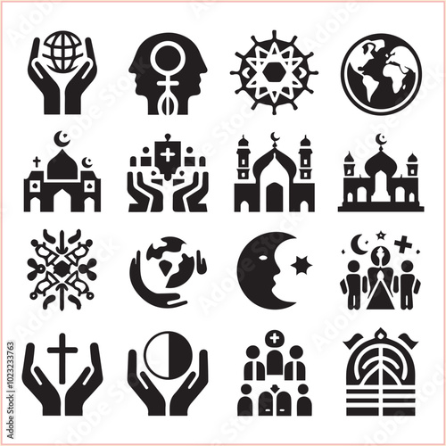 Religious symbols Set of miscellaneous religious Vector illustration icons on white background