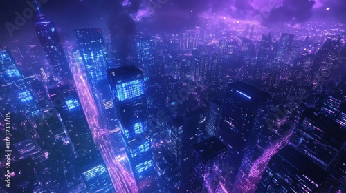 Aerial view of a modern city at night with glowing data lines connecting buildings, symbolizing digital transformation. Blue and purple tones dominate the cityscape.