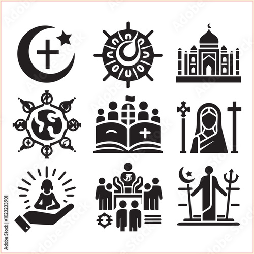 Religious symbols Set of miscellaneous religious Vector illustration icons on white background