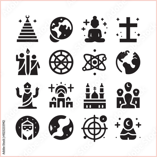 Religious symbols Set of miscellaneous religious Vector illustration icons on white background