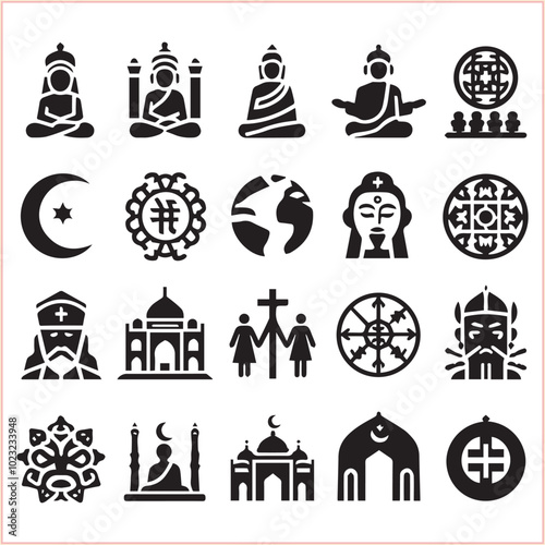 Religious symbols Set of miscellaneous religious Vector illustration icons on white background