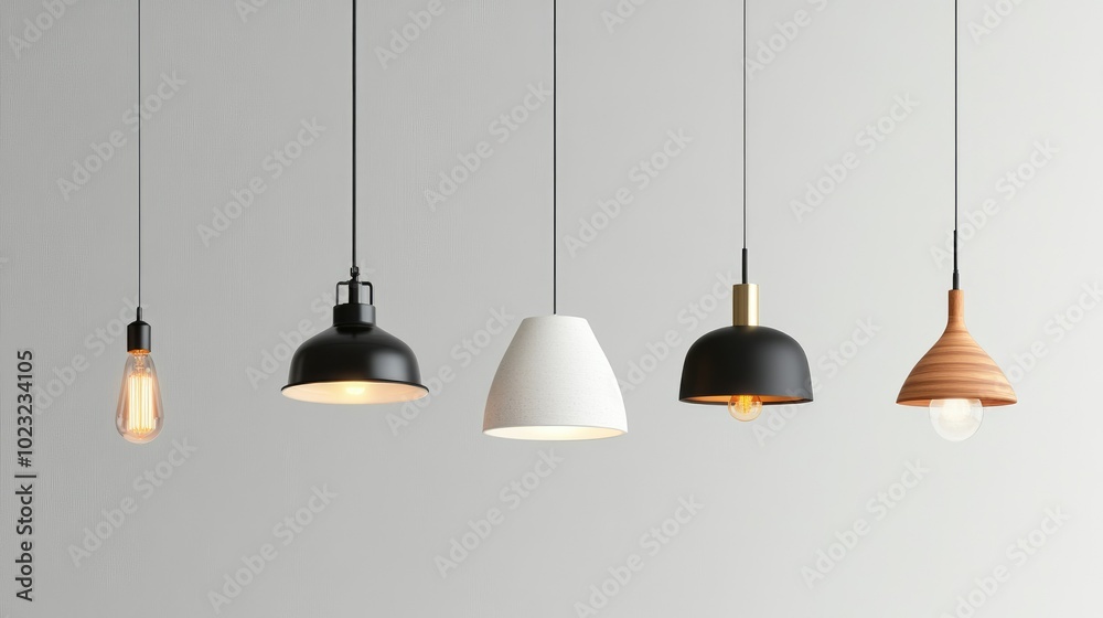 Front view of different minimalist pendant hanging lamps in contemporary styles, isolated on a transparent background for easy integration. Front view of different minimalist pendant hanging lamps in contemporary styles, isolated on a transparent background for easy integration.
