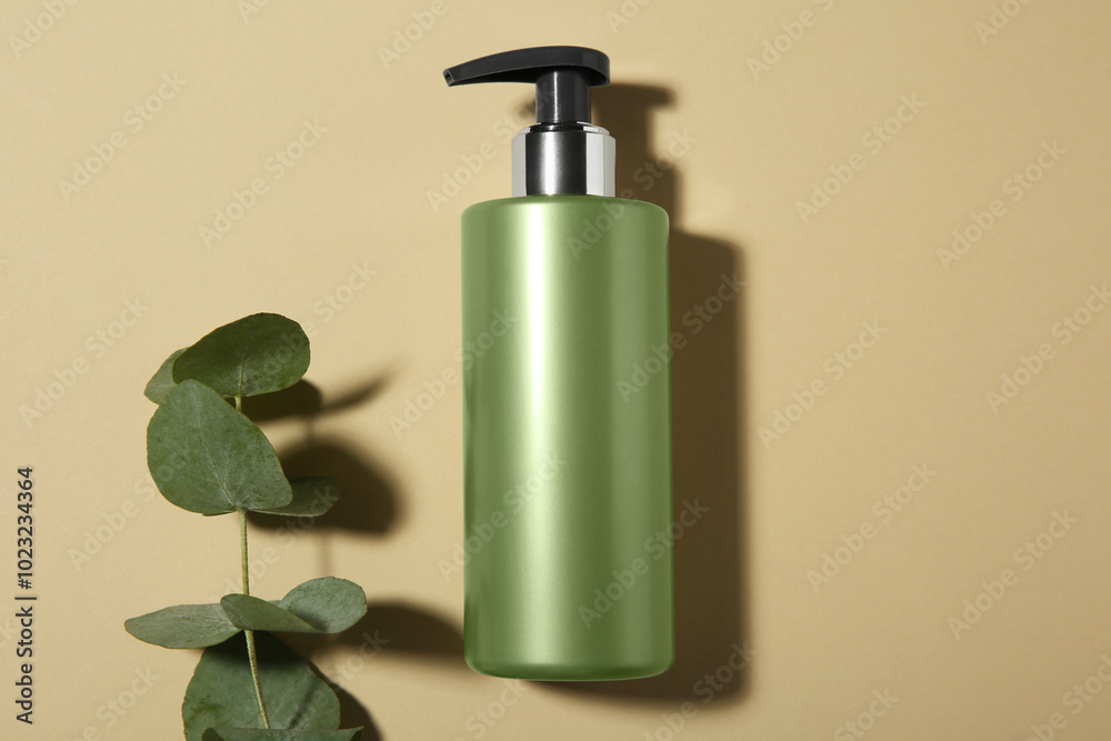 Bottle of shampoo and eucalyptus branch on beige background, flat lay Bottle of shampoo and eucalyptus branch on beige background, flat lay