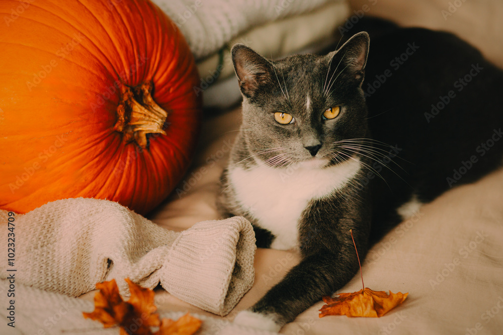 Φωτογραφία A cute domestic cat is resting on the bed, surrounded by woolen white sweaters, dried autumn leaves, and a large, ripe pumpkin