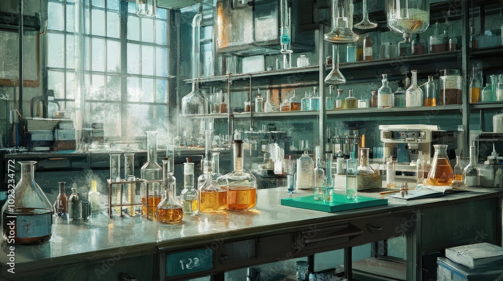 Organized lab station with scientific glass bottles, measuring cylinders, and droppers spread out on counters, prepared for chemical experiments. Organized lab station with scientific glass bottles, measuring cylinders, and droppers spread out on counters, prepared for chemical experiments.