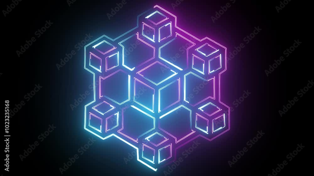 Cube, tesseract simple icon. Flat desing. Purple and cyan neon on black background.ai Cube, tesseract simple icon. Flat desing. Purple and cyan neon on black background.ai