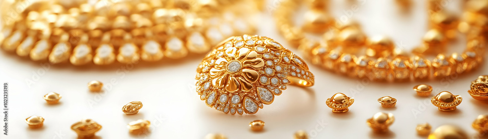 Gold Jewelry and Dhanteras Celebration Concept - Isolated on White Background with Glossy Textures, Pan Camera Movement Emphasizing Wealth and Prosperity Gold Jewelry and Dhanteras Celebration Concept - Isolated on White Background with Glossy Textures, Pan Camera Movement Emphasizing Wealth and Prosperity