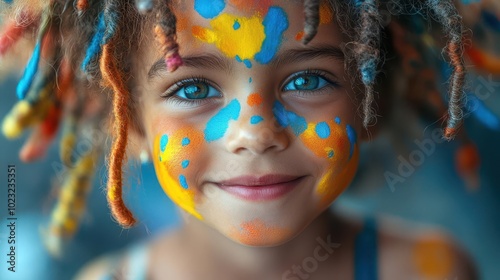 child with colorful face paint excitedly exploring a costume selection for dressup capturing the imaginative essence of childhood playfulness and creativity