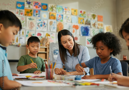 Elementary school pupils painting pictures with watercolors during a creative art lesson with their teacher photo