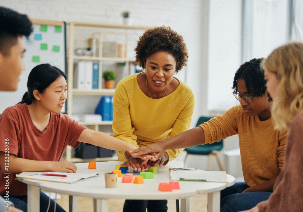 Group of diverse teenagers are putting their hands together with their therapist during a group therapy session Group of diverse teenagers are putting their hands together with their therapist during a group therapy session