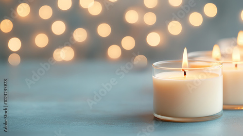 A calm and serene scene featuring lit candles on a smooth surface, softly glowing against a blurred background of warm bokeh lights, evoking relaxation and tranquility.