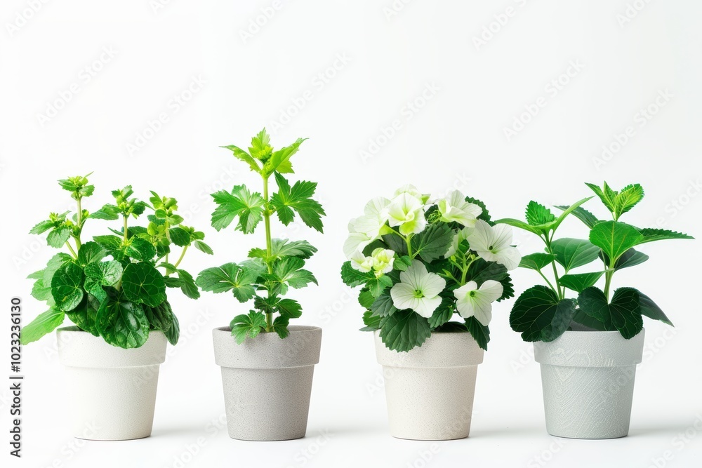Four potted plants: vibrant greenery with white flowers on white background