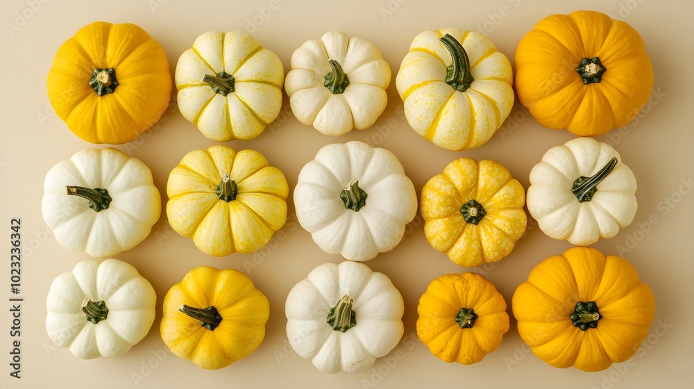Overhead view of various sizes of white and yellow pumpkins in an autumn harvest arrangement, showcasing natural textures on a beige background for a minimalist food photography composition. Overhead view of various sizes of white and yellow pumpkins in an autumn harvest arrangement, showcasing natural textures on a beige background for a minimalist food photography composition.