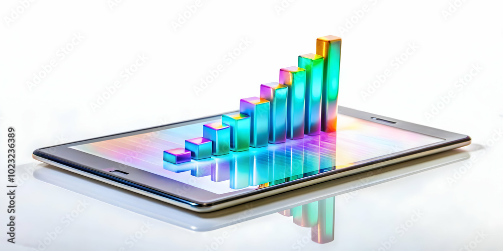 High Angle Shot of Glossy Tablet Displaying Floating Holographic Bar Charts and Dollar Signs - Ideal for Financial Reports and Analysis in a Clean White Background for Stock Photography