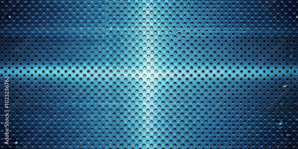 A textured metallic surface with a repeating pattern of circular perforations, the blue metal shimmering with a subtle iridescent sheen. A textured metallic surface with a repeating pattern of circular perforations, the blue metal shimmering with a subtle iridescent sheen.