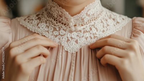 Woman carefully adds delicate lace trim to the hem of a dress giving it a soft romantic look through this elegant fashion customization