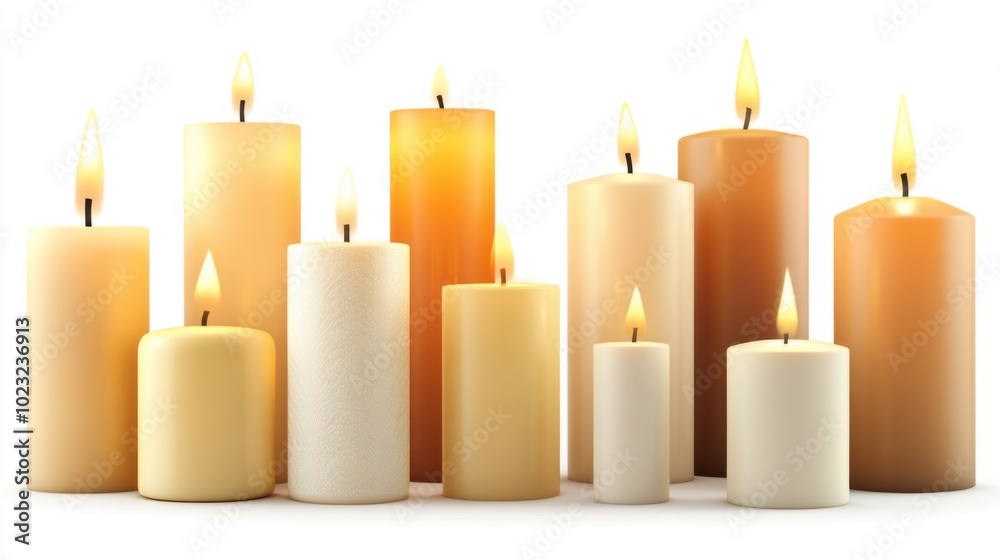 A collection of illuminated pillar candles with warm glowing flames against a white background A collection of illuminated pillar candles with warm glowing flames against a white background