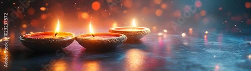 Holographic Diwali Candles on Desktop: Festival of Lights Decor with Zooming Camera Movement and Glossy Textures on Isolated White Background for Festive Stock Image photo