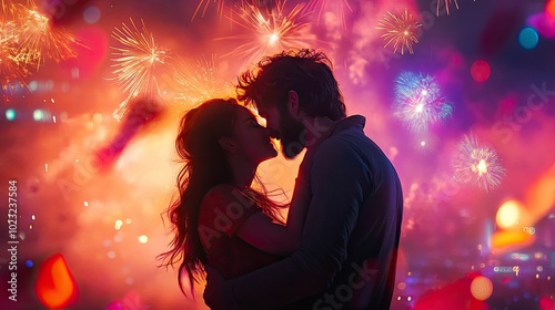 A couple sharing a kiss under the fireworks, their faces illuminated by the bright colors of celebration.