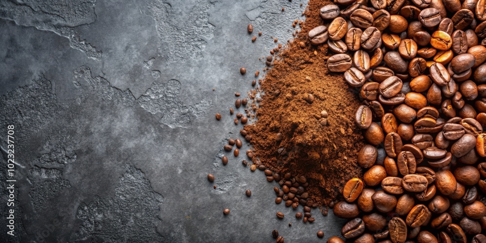 Coffee beans and grounds on a textured gray surface, a visual representation of the journey from bean to brew Coffee beans and grounds on a textured gray surface, a visual representation of the journey from bean to brew