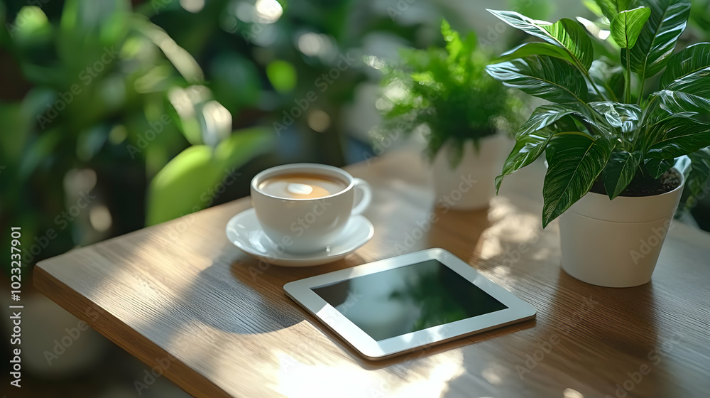 3D Icon Glossy Home Office Desk Setup with Tablet and Coffee - Overhead View of Clean Organized Workspace on Isolated White Background 3D Icon Glossy Home Office Desk Setup with Tablet and Coffee - Overhead View of Clean Organized Workspace on Isolated White Background