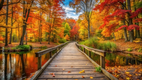 A wooden bridge leading through a vibrant fall forest, the path mirroring the vibrant colors of the leaves in the placid water below.