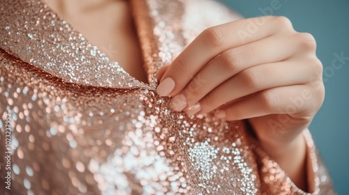 Close up of a person s hands using fabric glue to carefully attach shimmering sequins to a stylish jacket adding a luxurious and glamorous touch to the garment through a DIY crafting process photo