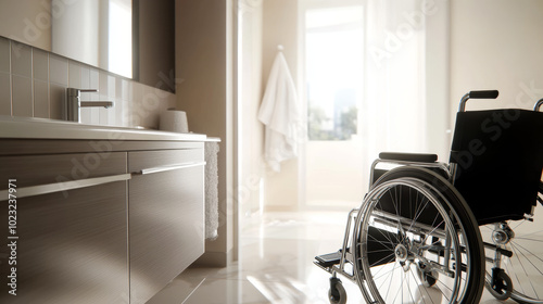 A bright, modern bathroom designed for accessibility, featuring a wheelchair, sleek vanity, and soft natural lighting, creating a functional and comfortable space.
