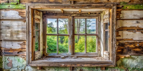 A weathered wooden window frame with cracked paint and chipped wood reveals a view of lush green foliage beyond the window pane.